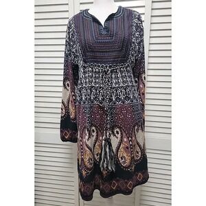 Angie Long Sleeve Boho Paisley Dress Tassels SZ S Hippie Festival